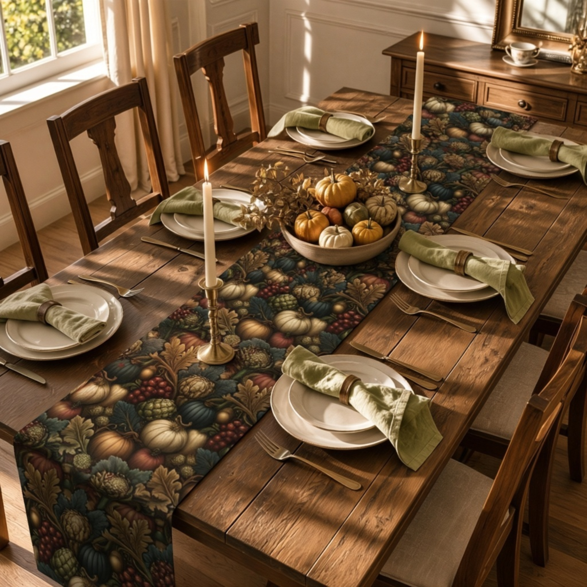 Botanical harvest table runner on a wood table with ivory plates, rolled olive napkins, brass-toned flatware and a low bowl of pumpkins