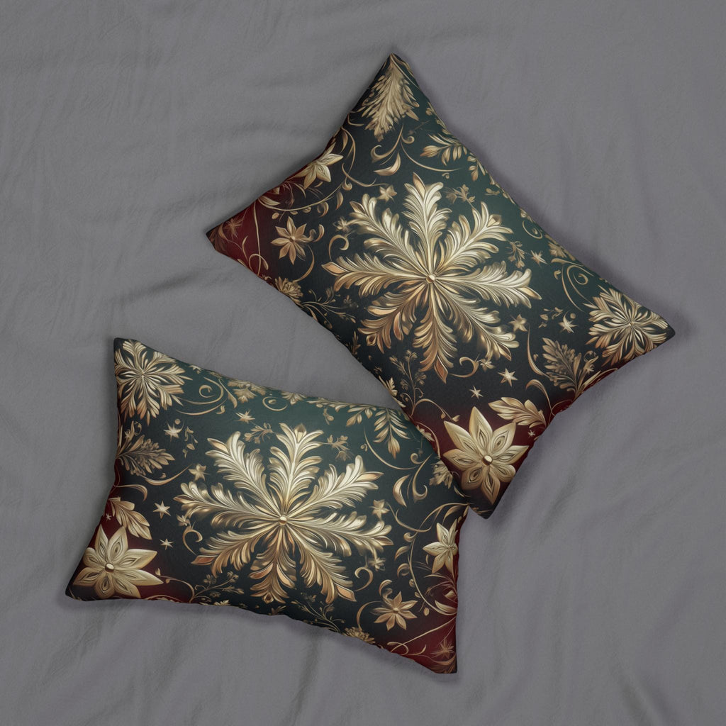 Snowflake Christmas  Lumbar Pillow, Burgundy & Green Ornate Design Lumbar Cushion
