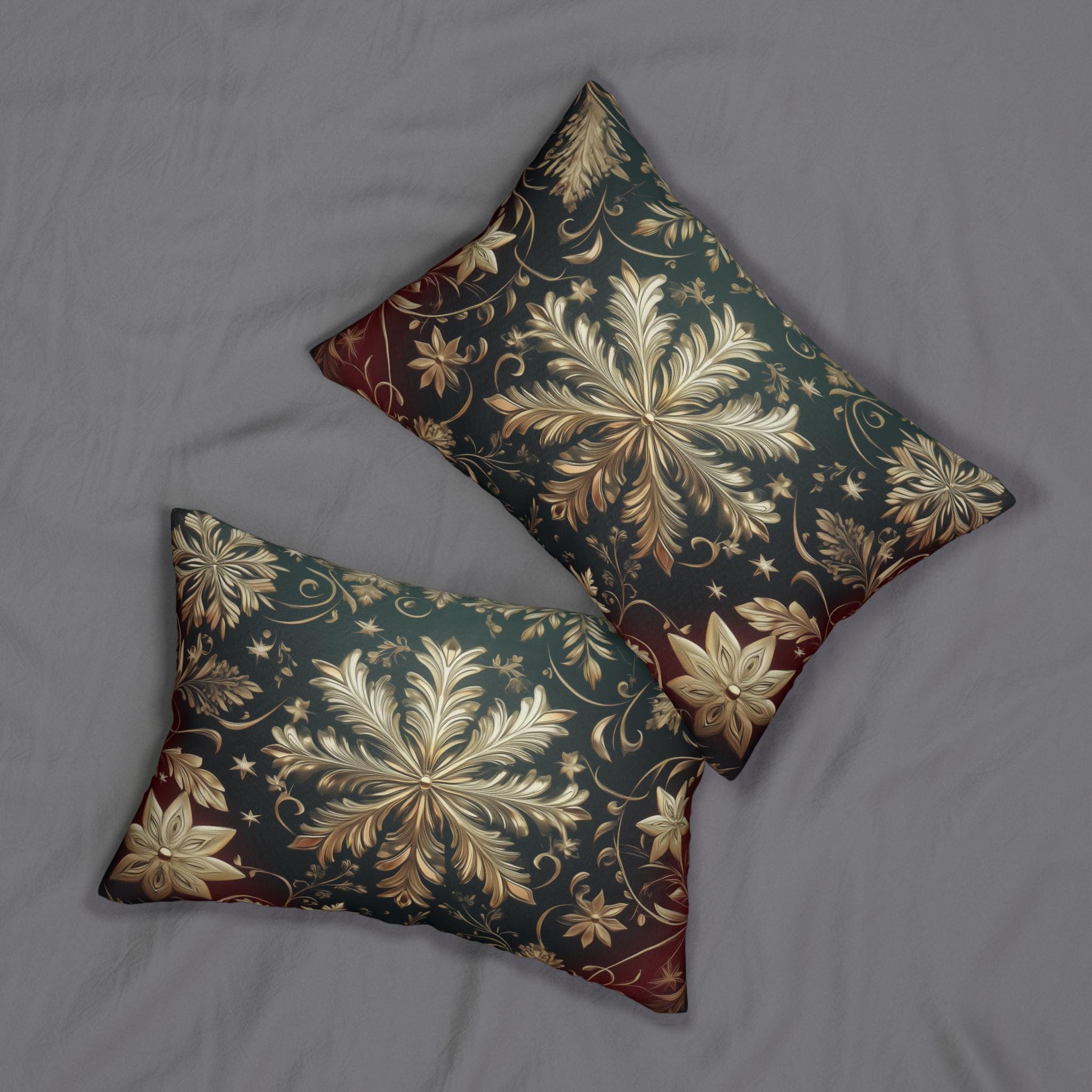 Snowflake Christmas  Lumbar Pillow, Burgundy & Green Ornate Design Lumbar Cushion