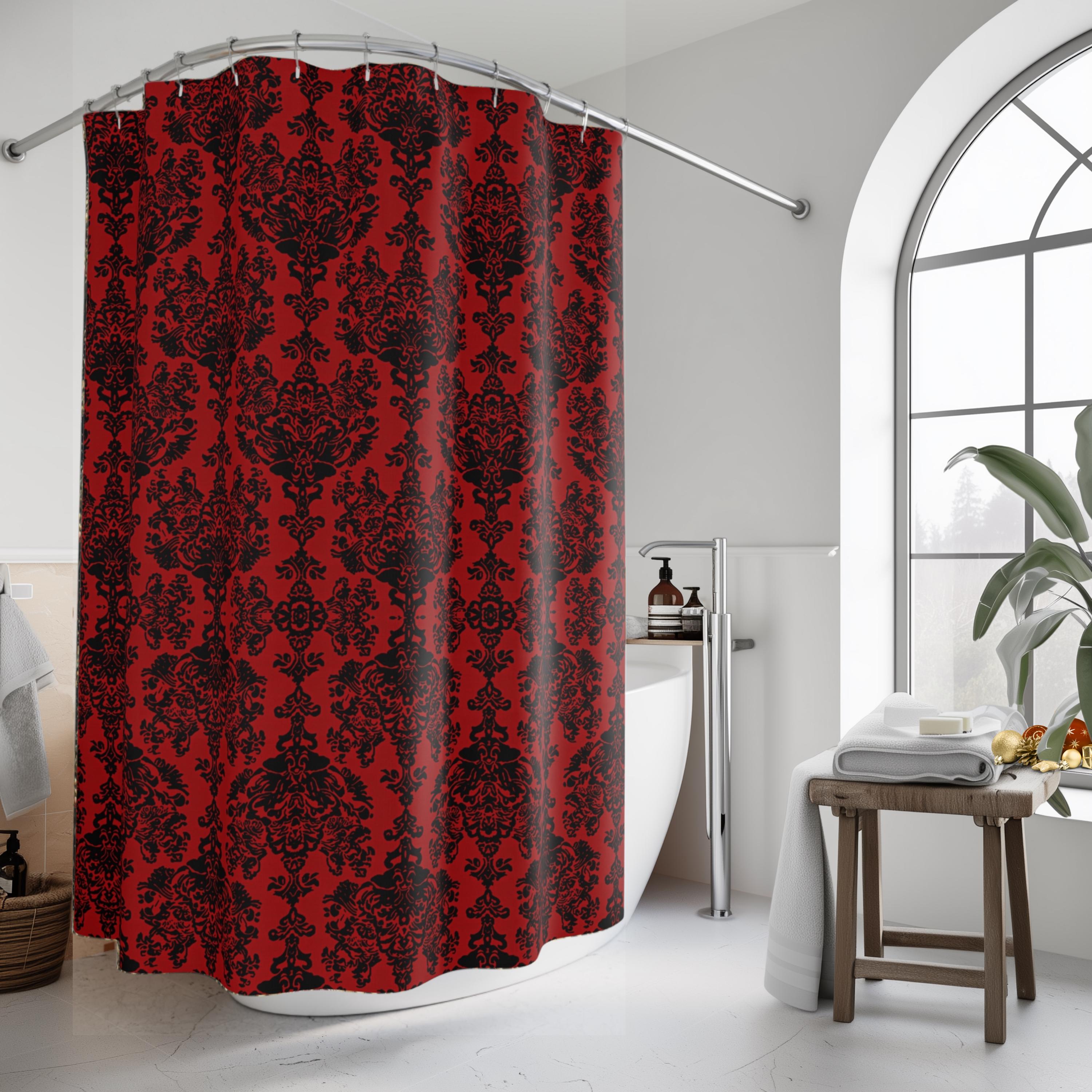 Elegant Gothic Damask Shower Curtain: Black & Crimson Vampire-Inspired Bath Decor for Romantic Ambiance
