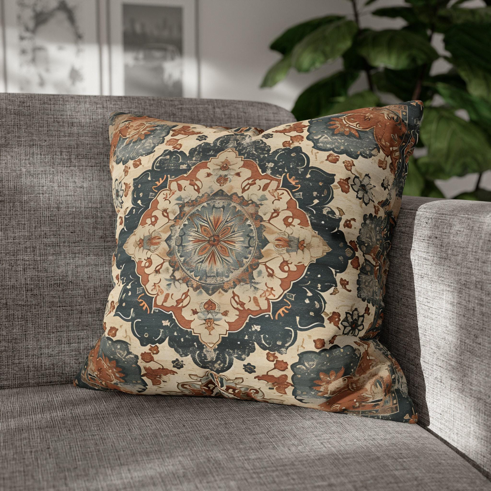 Persian-Inspired Medallion Pillow Cover: Indigo, Terracotta & Cream Vintage Mediterranean Decor
