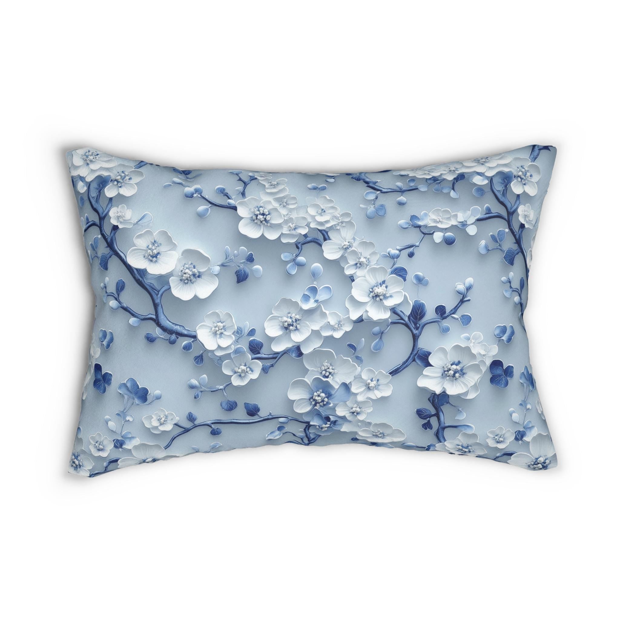 Chinoiserie Lumbar Pillow | Blue & White Cherry Blossoms | Elegant Floral Design
