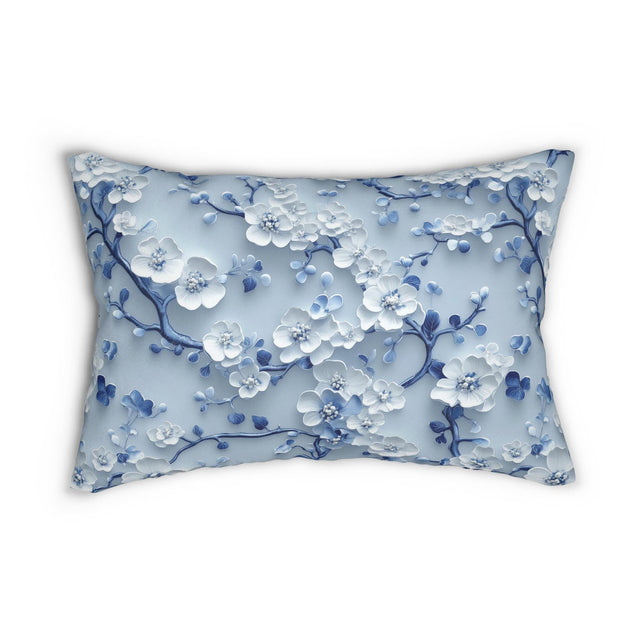 Chinoiserie Lumbar Pillow | Blue & White Cherry Blossoms | Elegant Floral Design