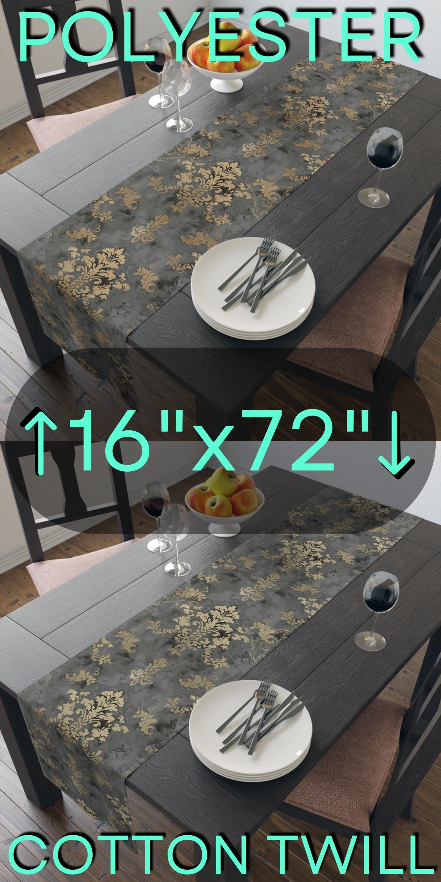 Elegant Damask Table Runner: Muted Gold Floral on Grey for Sophisticated Dining Room Decor