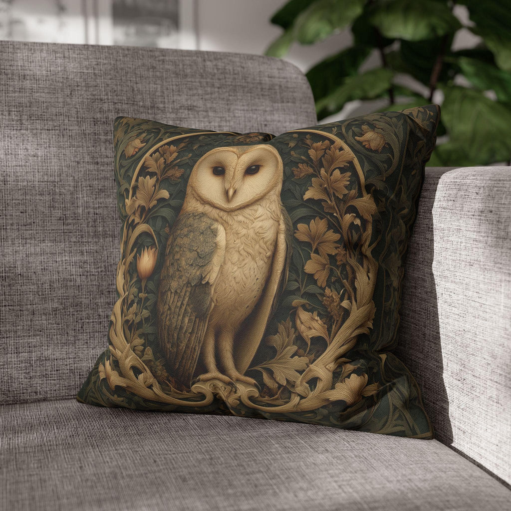 William Morris Style Pillow Cover: Woodland Owl in Moss Green & Antique Gold
