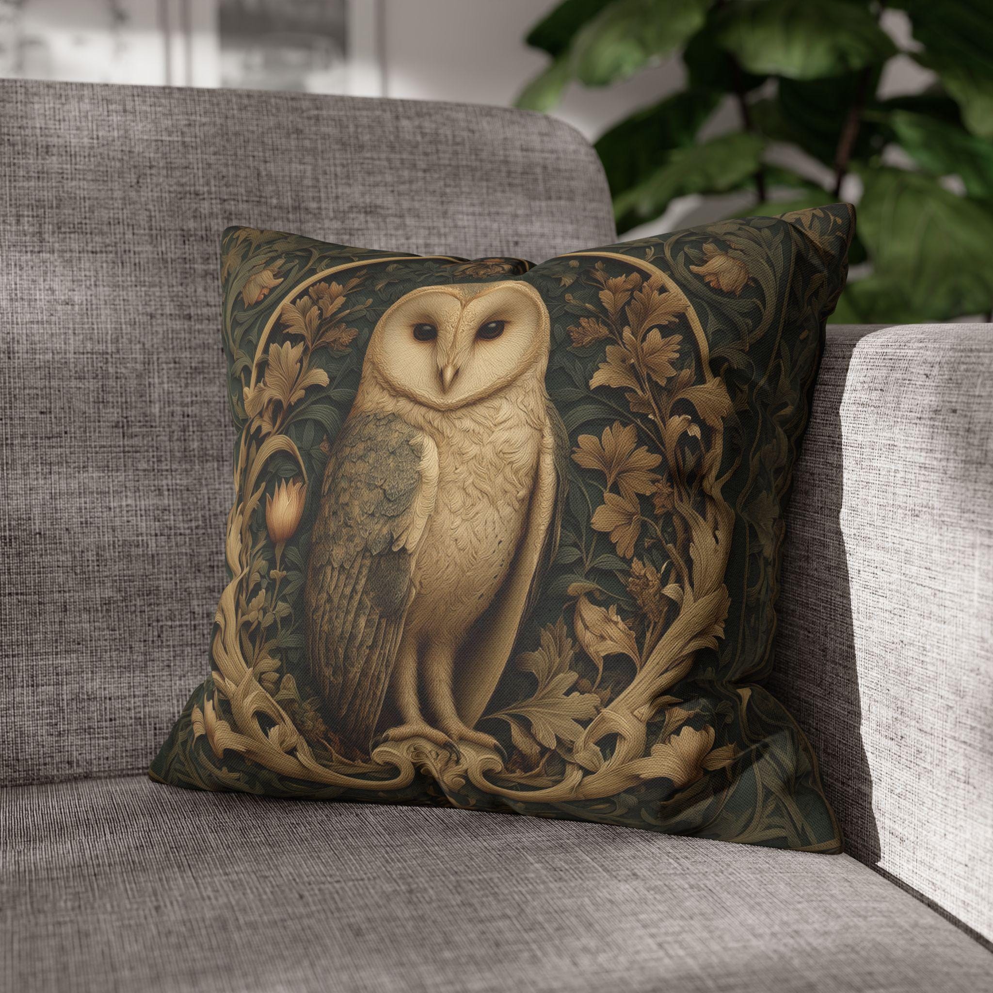 William Morris Style Pillow Cover: Woodland Owl in Moss Green & Antique Gold