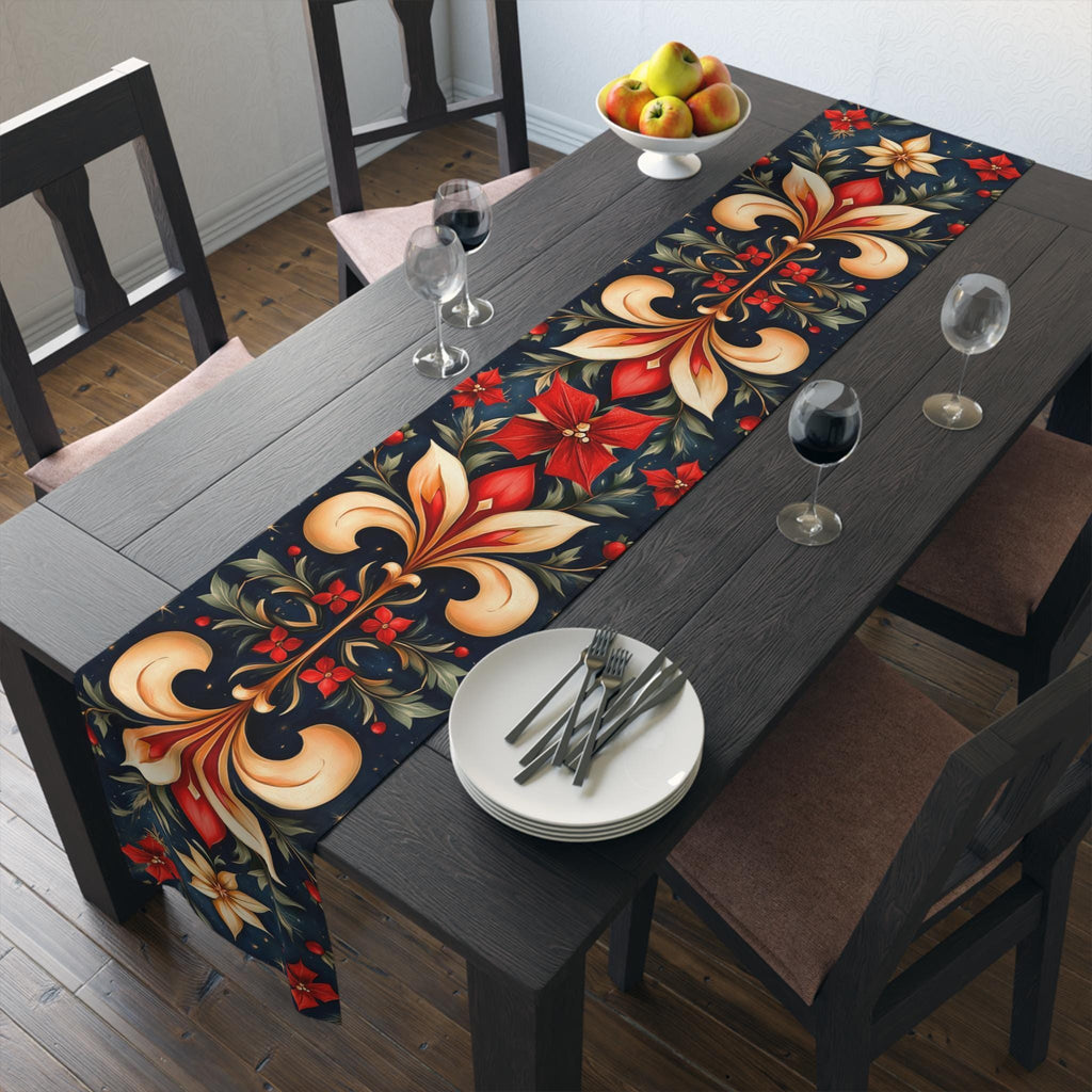 Holiday Fleur-de-lis Table Runner, Red Gold Christmas Decor