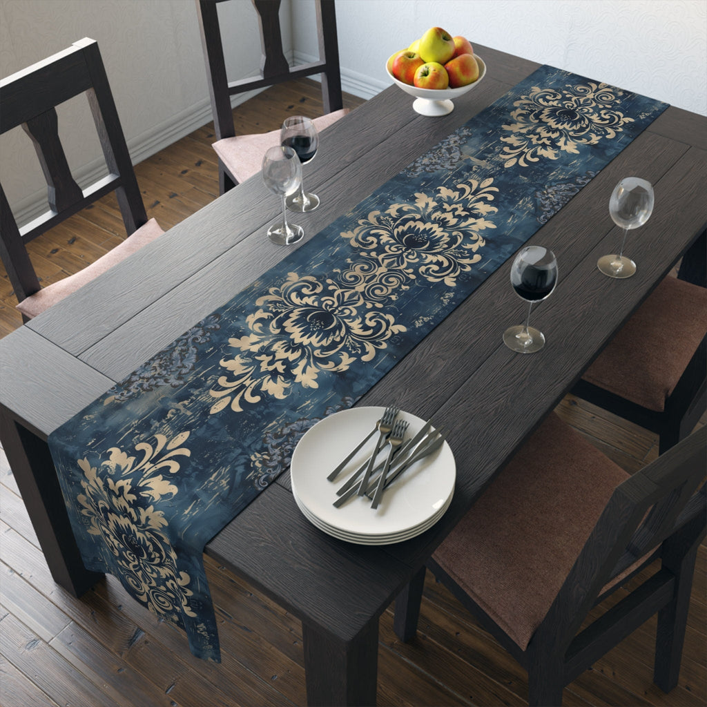 Navy Blue and Gold Damask Table Runner: Farmhouse Chic Decor
