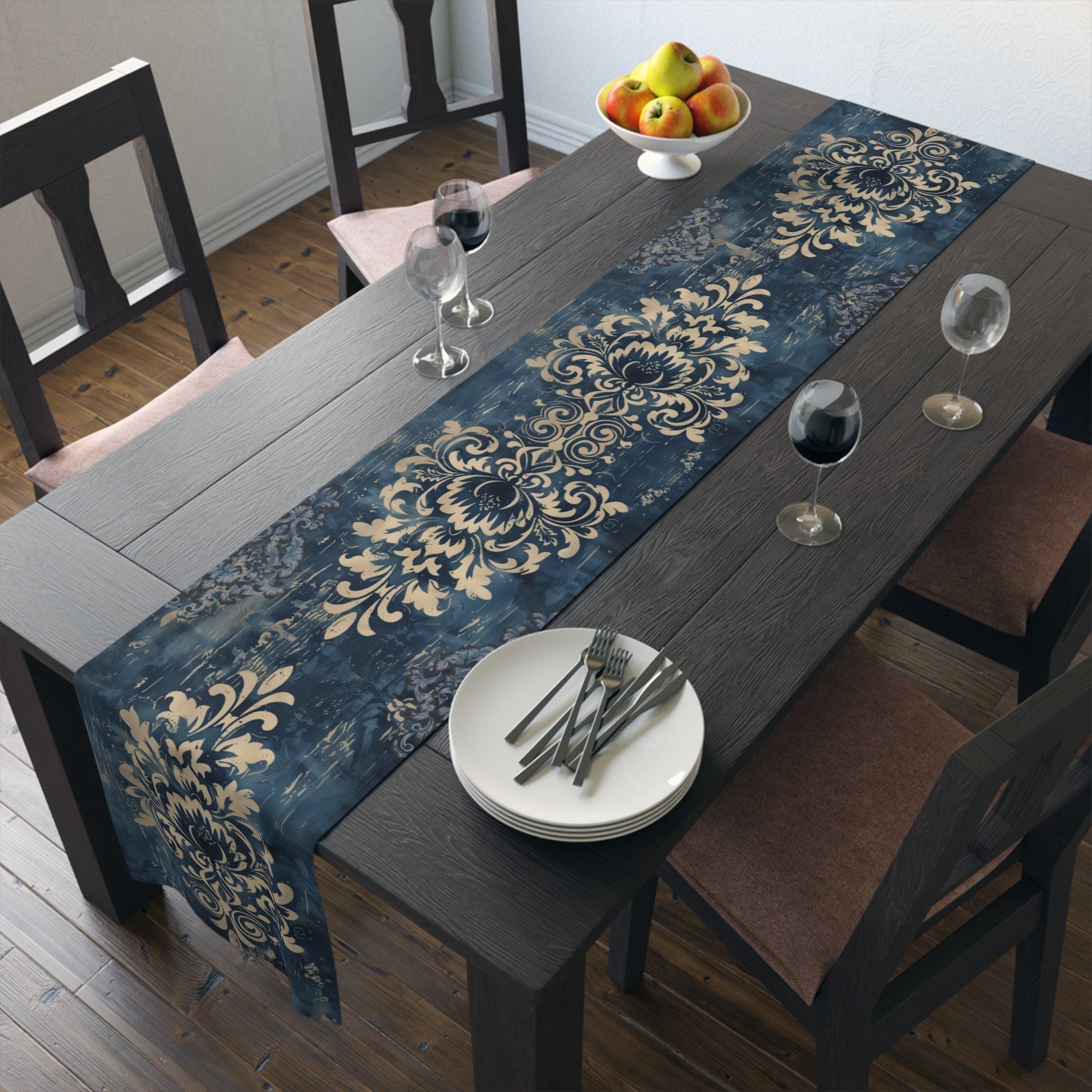 Navy Blue and Gold Damask Table Runner: Farmhouse Chic Decor