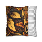 Autumnal Leaves Throw Pillow Cover: Orange and Gold Foliage on Rich Brown Background