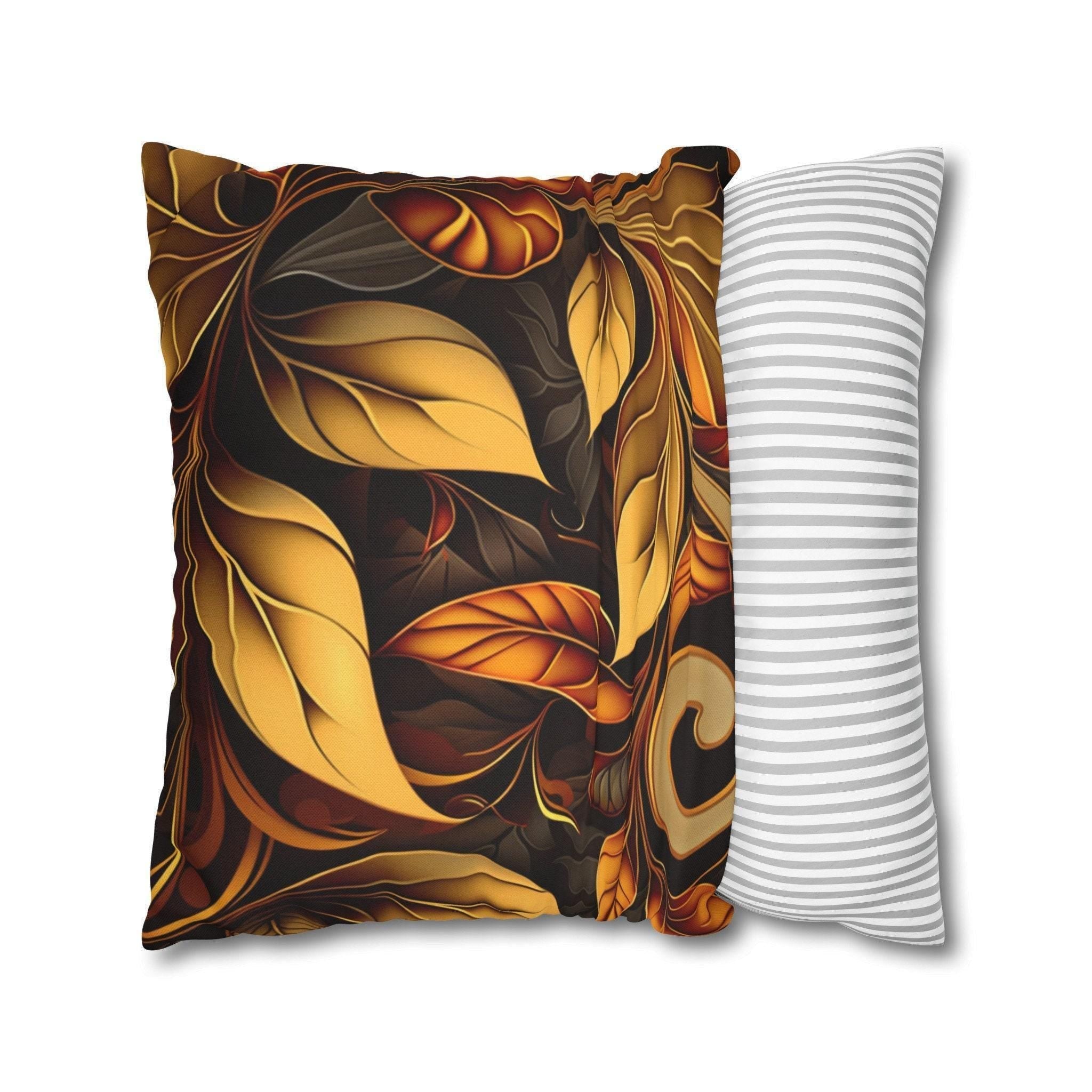 Autumnal Leaves Throw Pillow Cover: Orange and Gold Foliage on Rich Brown Background