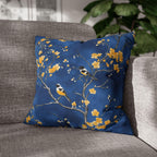 Royal Blue Chinoiserie Pillow Cover: Elegant Asian-Inspired Cushion with Yellow Blossoms and Birds
