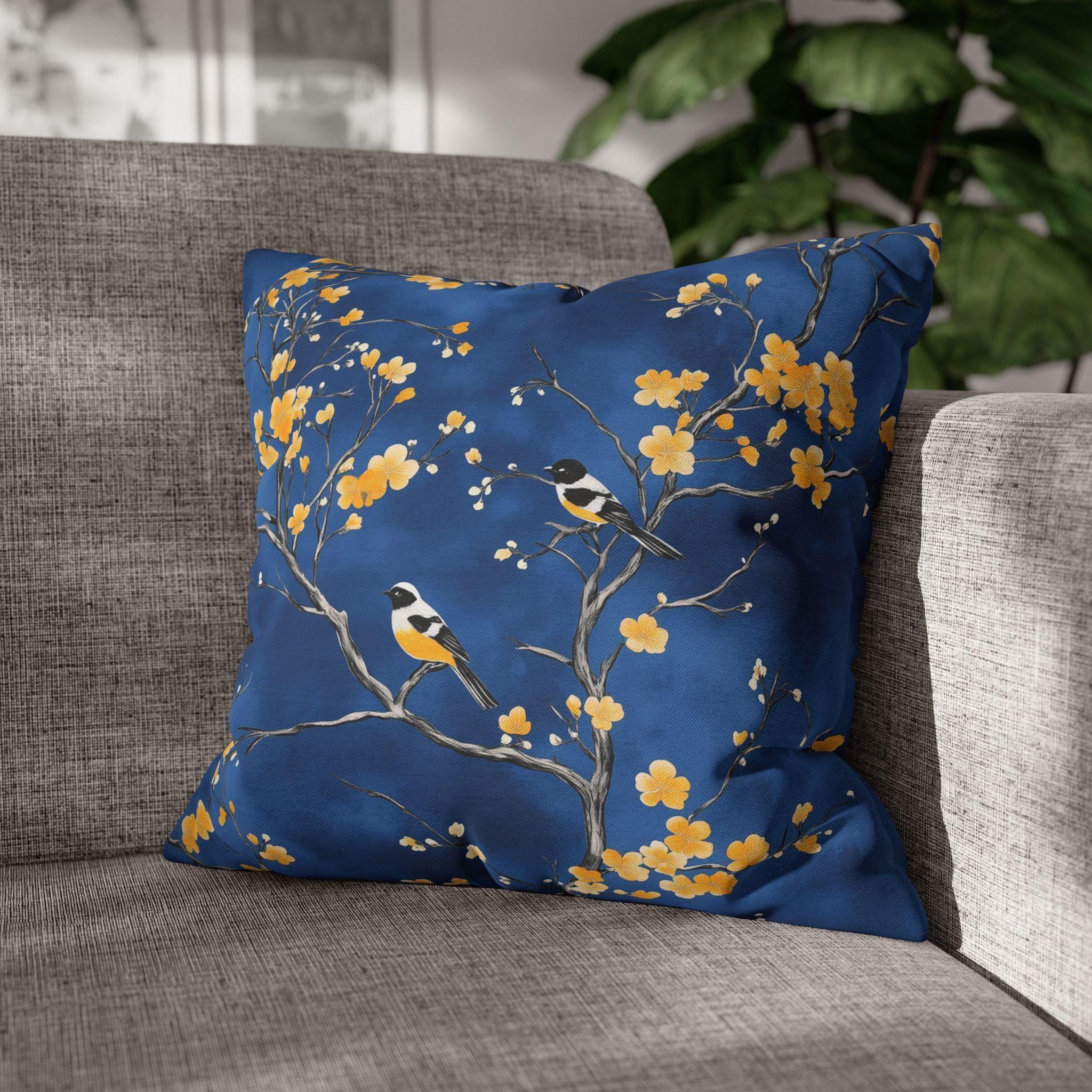 Royal Blue Chinoiserie Pillow Cover: Elegant Asian-Inspired Cushion with Yellow Blossoms and Birds
