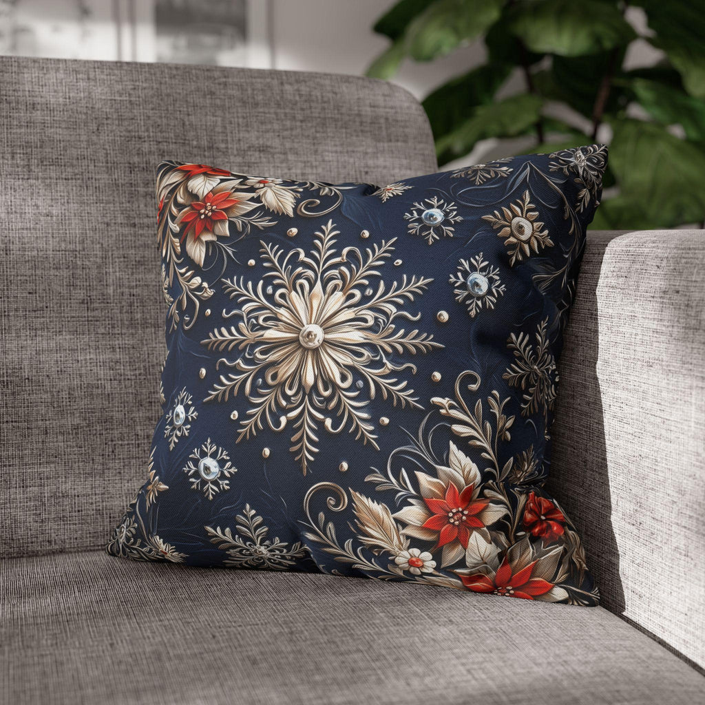Snowflake Holiday Pillowcase, Silver, Gold  & Blue Christmas Decorative Throw Cushion Cover