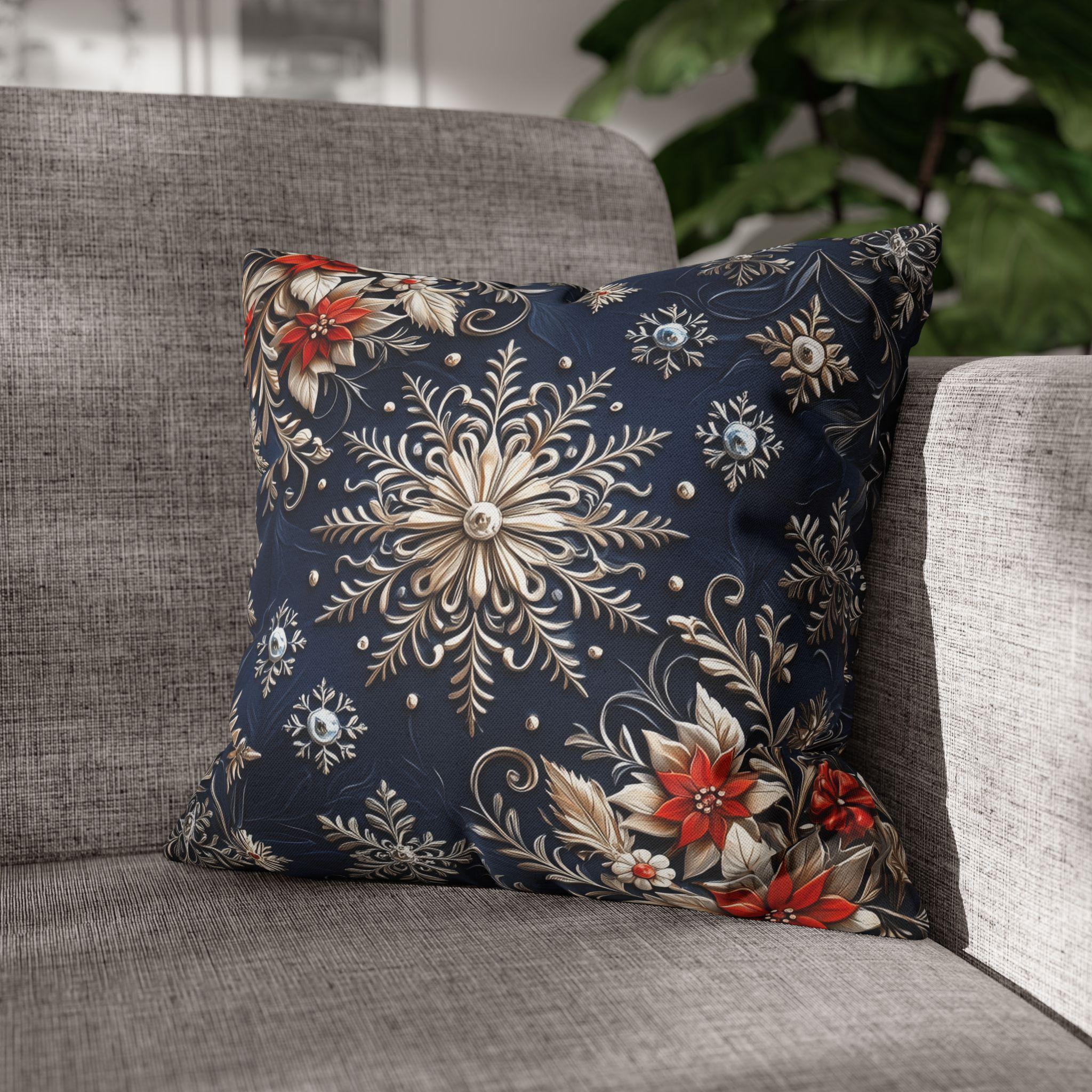 Snowflake Holiday Pillowcase, Silver, Gold  & Blue Christmas Decorative Throw Cushion Cover
