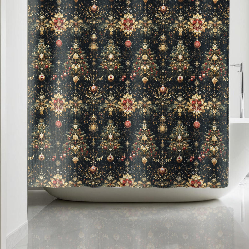 Luxe Christmas Tree Fabric Shower Curtain: Gold, Red & Green Holiday Decor