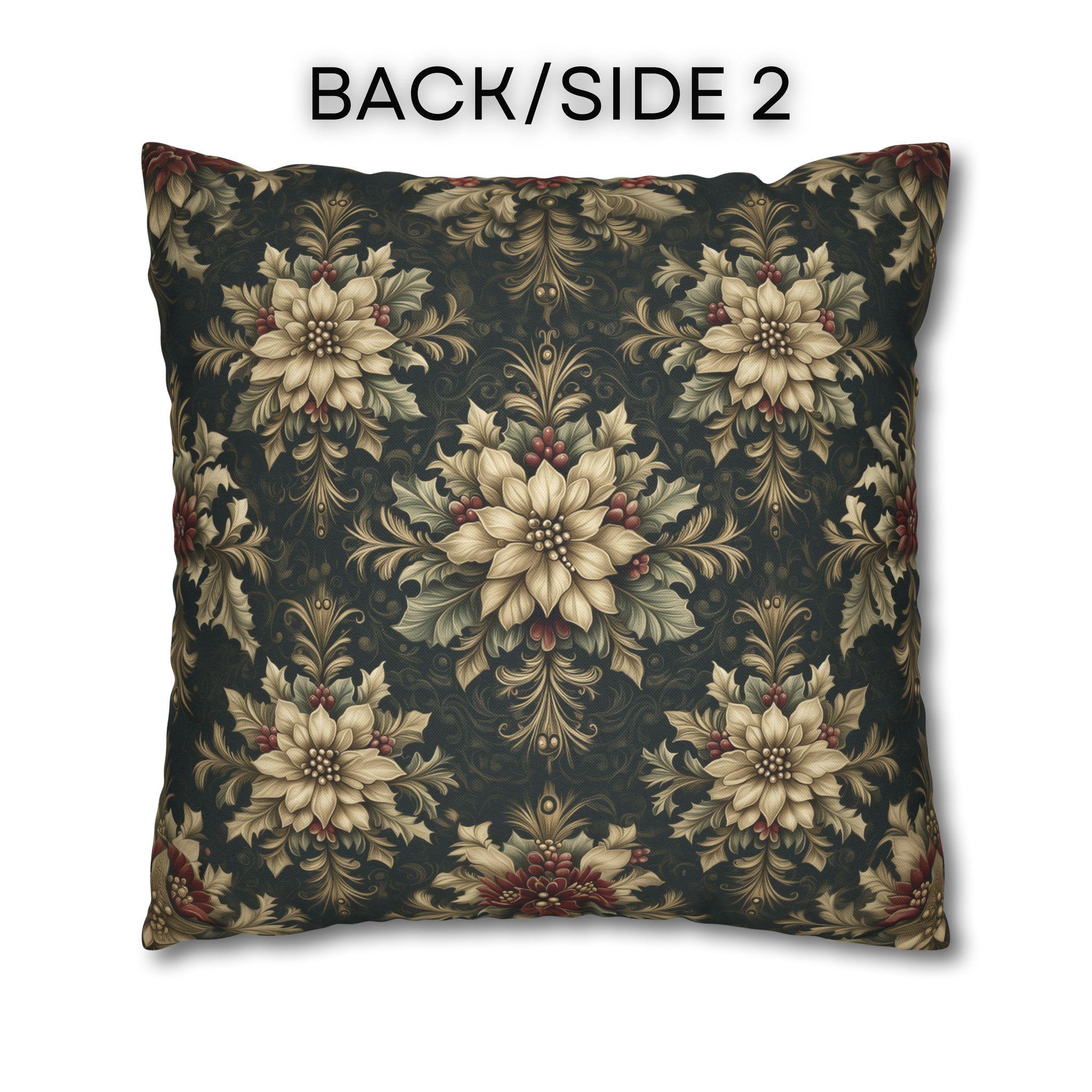 William Morris Christmas Pillow Cover: Ivory Poinsettia and Holly Repeating Pattern on Midnight Green