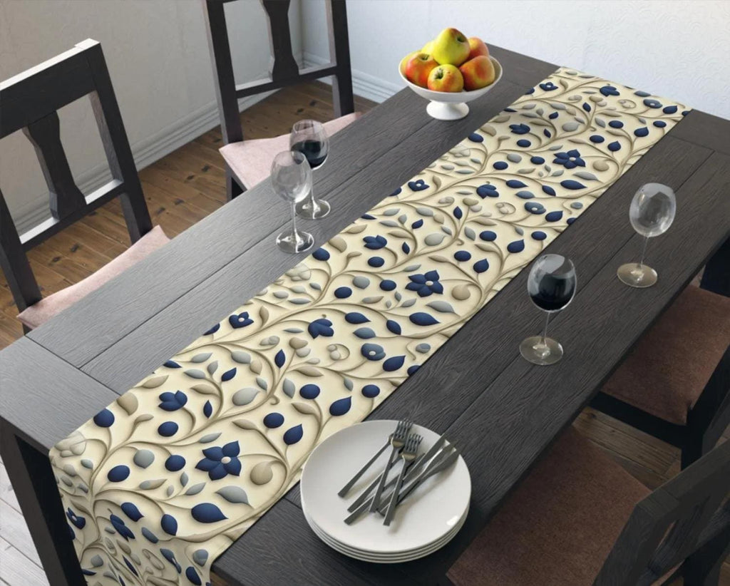 William Morris Inspired Navy & Taupe Floral Table Runner: Elegant Botanical Dining Decor