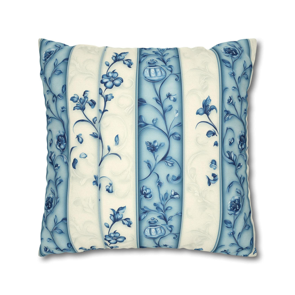 Elegant Blue & White Chinoiserie Floral Stripe Pillowcase: French-Inspired Square Cushion Cover