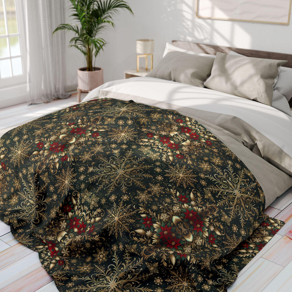 Elegant Golden Snowflake Poinsettia Fleece Blanket: Christmas Decor & Cozy Winter Gift