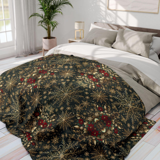 Elegant Golden Snowflake Poinsettia Fleece Blanket: Christmas Decor & Cozy Winter Gift