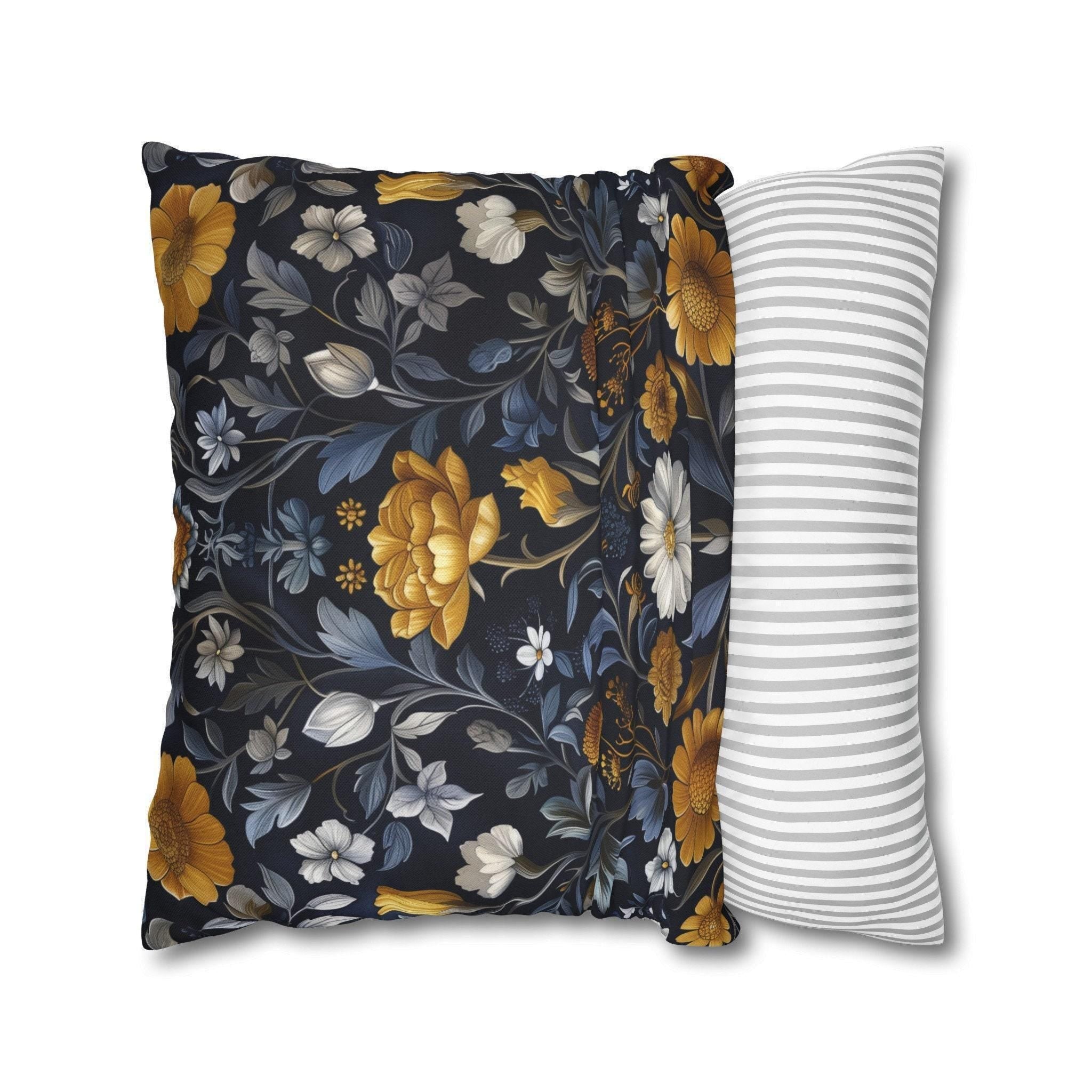 Elegant William Morris Inspired Floral Pillow Cover: Dark Background with Daisies, Tulips & Chrysanthemums