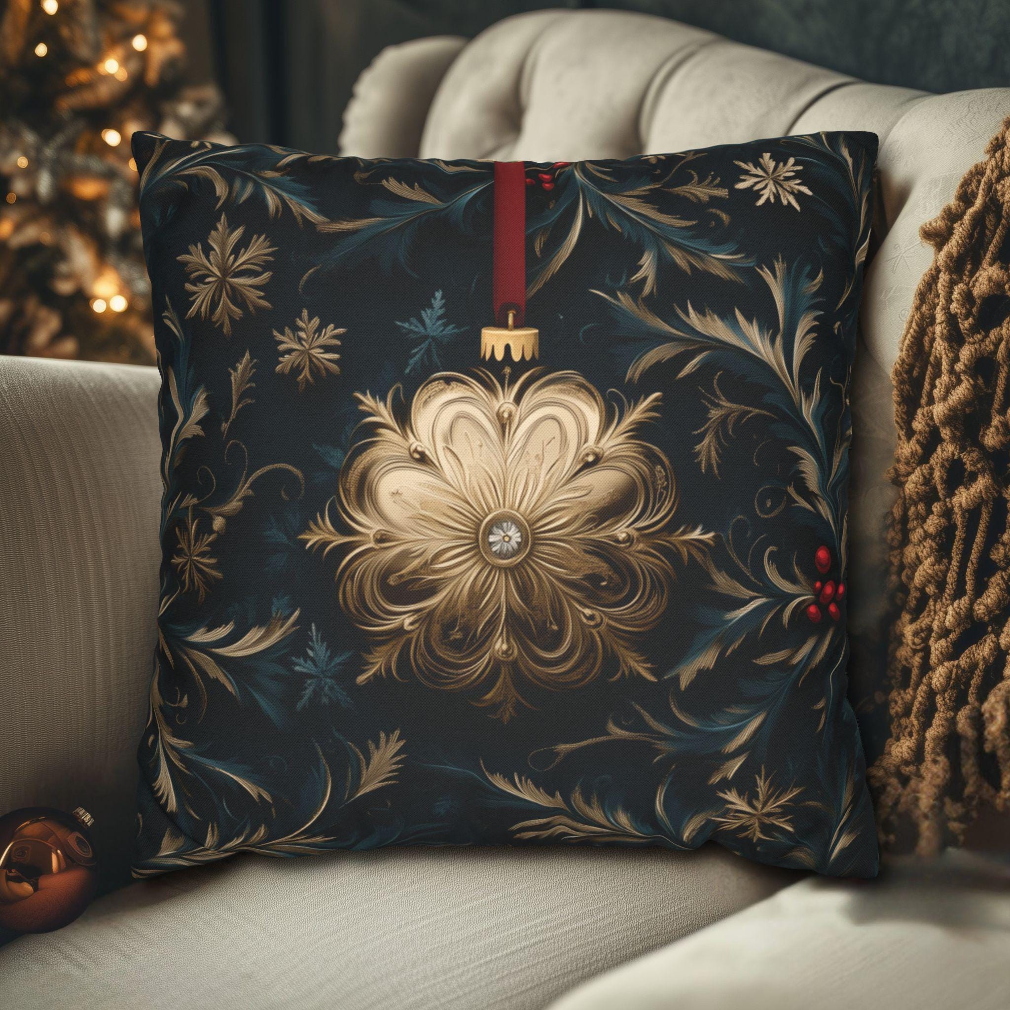 Elegant Navy & Gold Christmas Pillow Cover with Red Berries