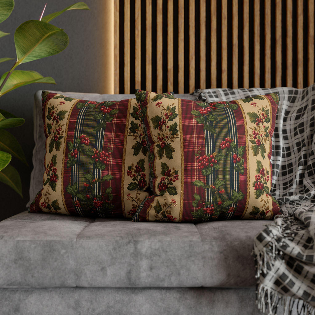 Christmas Pillow Cover: Classic Vintage Style Holly & Tartan Plaid in Red Green and Cream