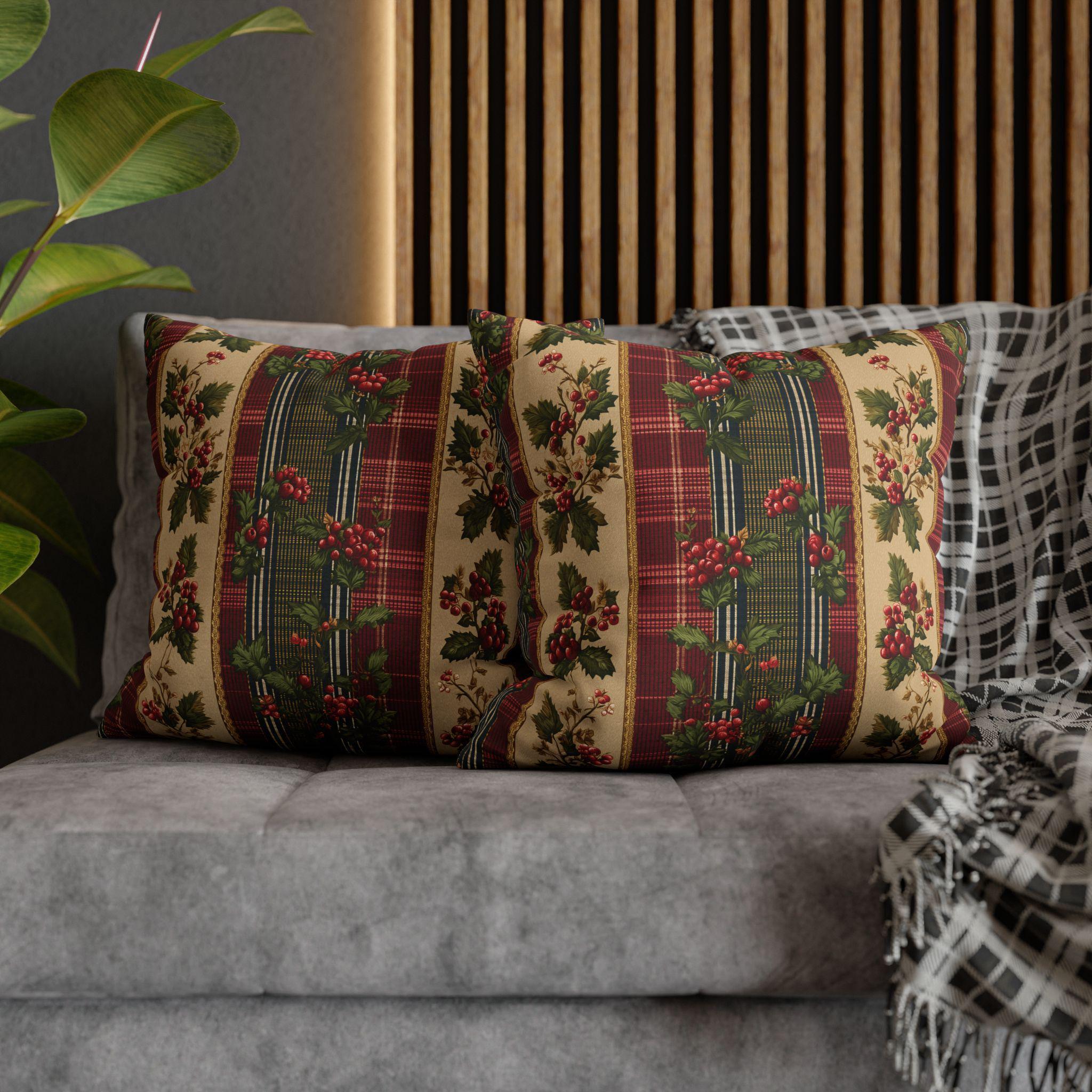 Christmas Pillow Cover: Classic Vintage Style Holly & Tartan Plaid in Red Green and Cream