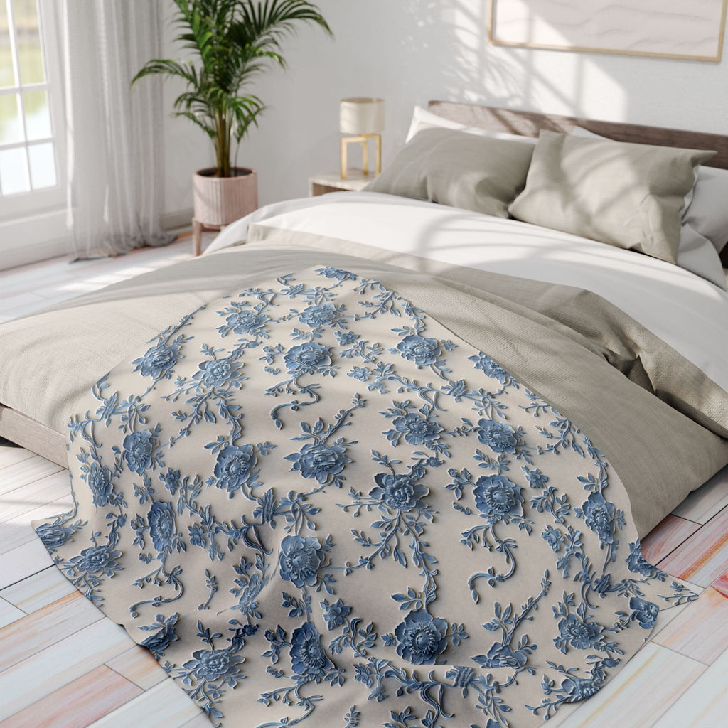Blue Floral Chinoiserie Fleece Throw Blanket: Elegant Home Decor