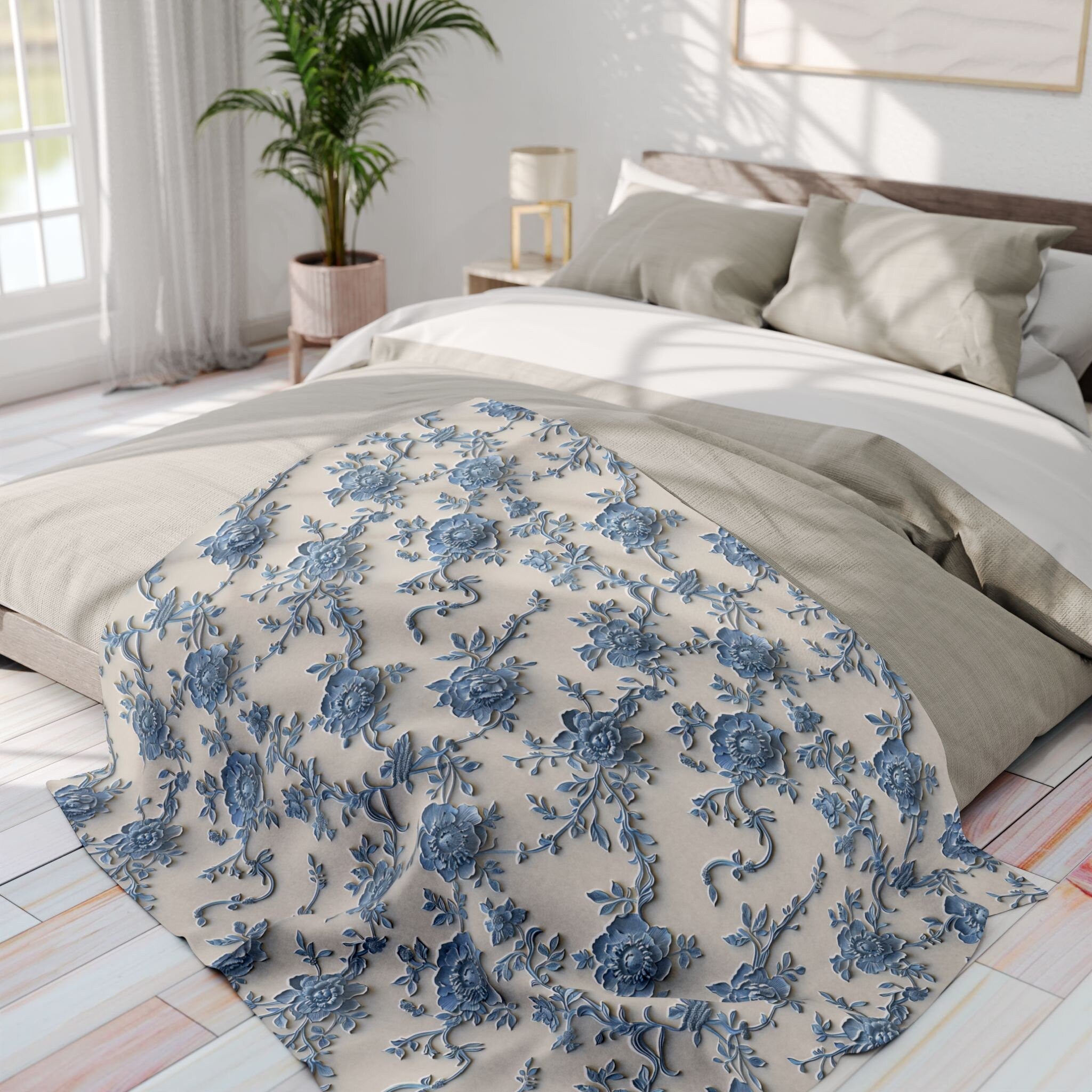 Blue Floral Chinoiserie Fleece Throw Blanket: Elegant Home Decor