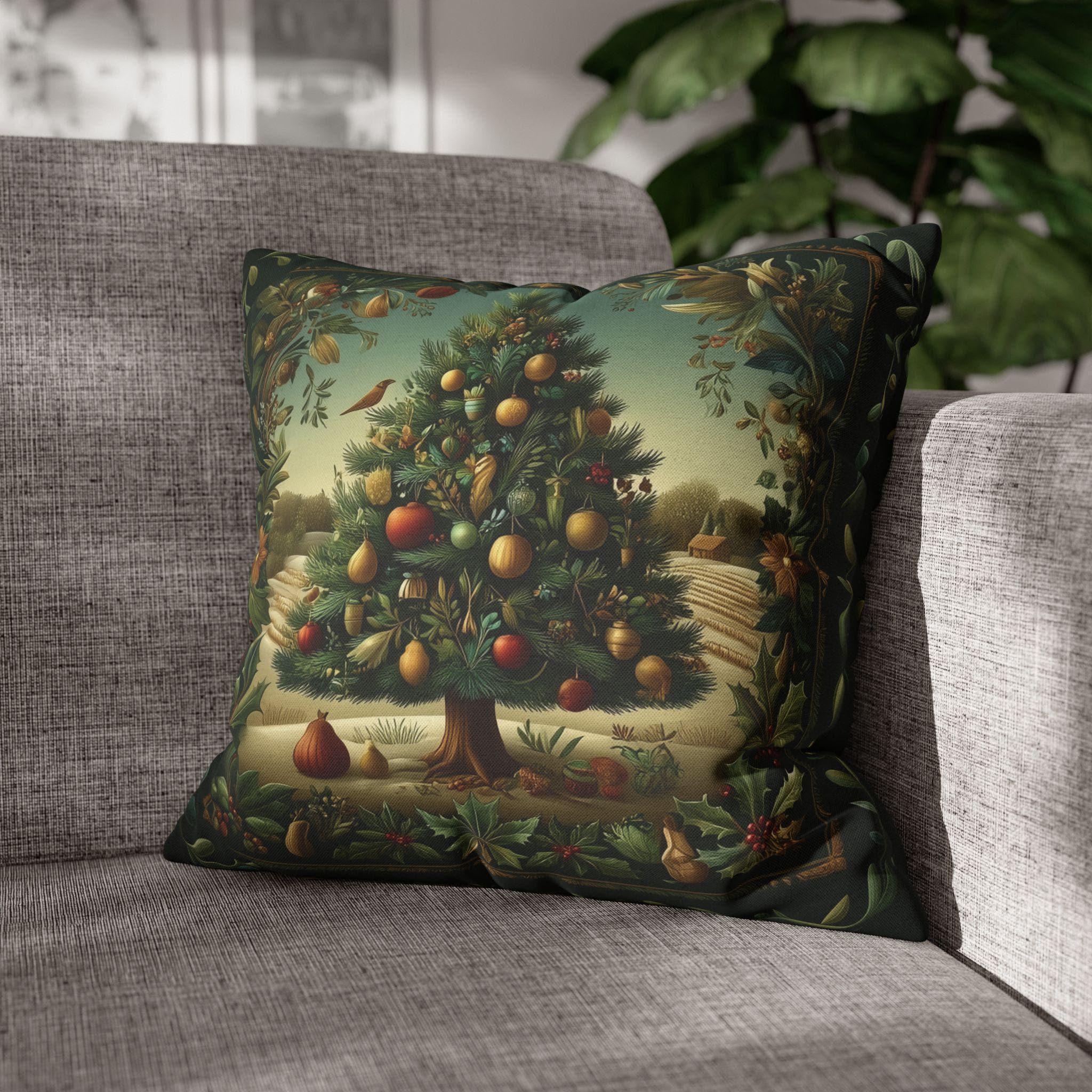Botanical Christmas Pillow Cover: William Morris Style Decorated Country Farm Tree