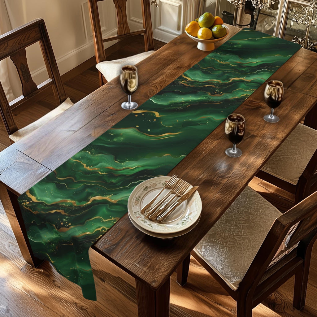 Modern Abstract Waves Table Runner:  Emerald Green and  Gold Luxe Decor