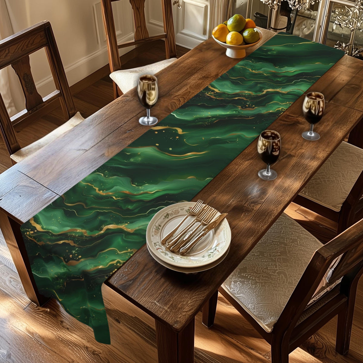 Modern Abstract Waves Table Runner:  Emerald Green and  Gold Luxe Decor