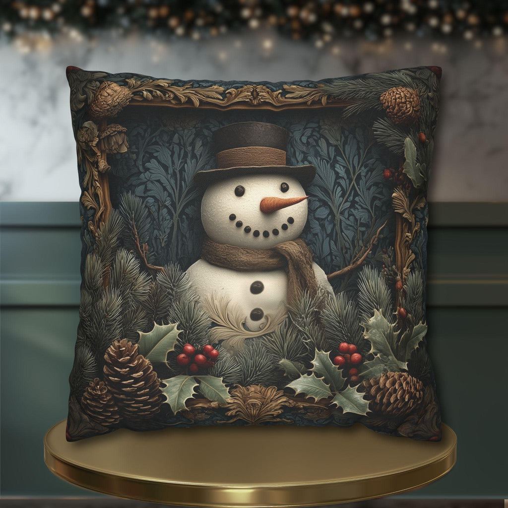 William Morris Inspired Christmas Snowman Pillow Cover: Woodland Pine & Holly Illustration