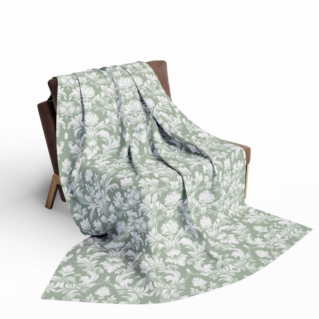 Damask Pattern Pastel Green Fleece Blanket, Vintage Style Throw Blanket for Living Room Bedroom