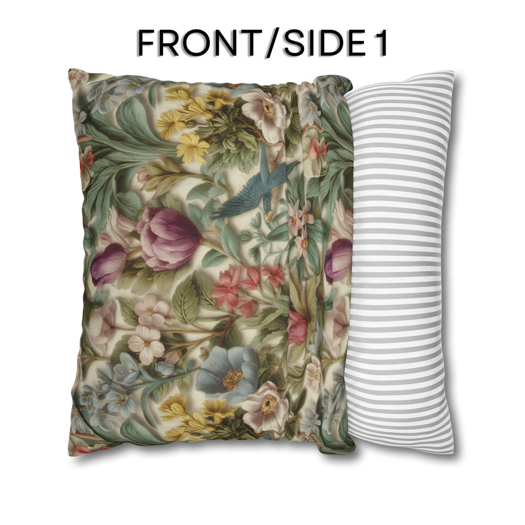 Stylized Botanical Pillow Cover: Floral & Songbird Garden in Soft Pastels