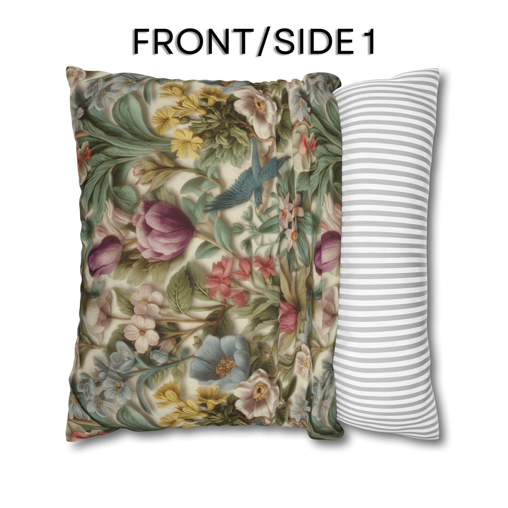 Stylized Botanical Pillow Cover: Floral & Songbird Garden in Soft Pastels