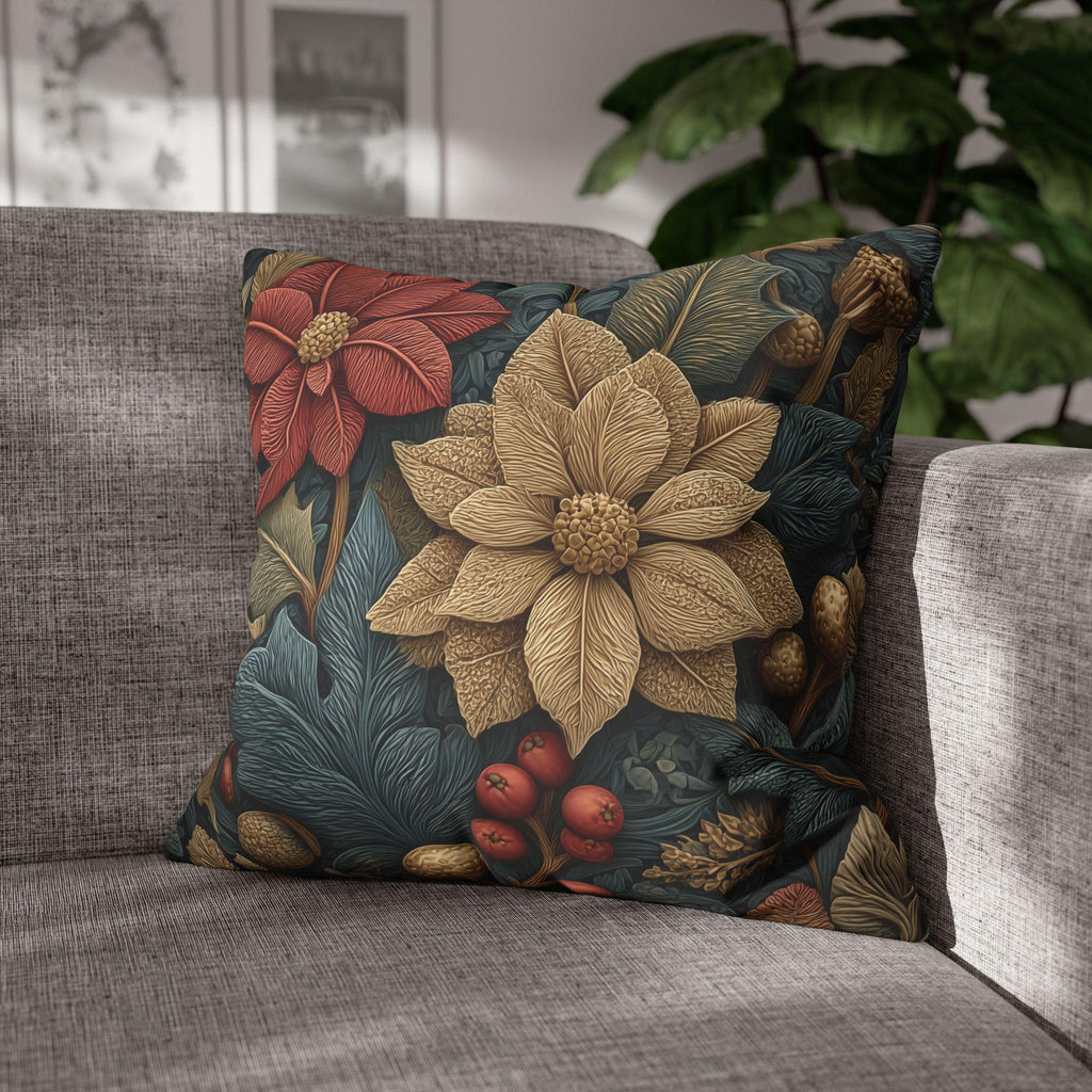 William Morris Christmas Pillow Cover: Wine and Taupe Poinsettia Woodland Illustration Euro Sizes