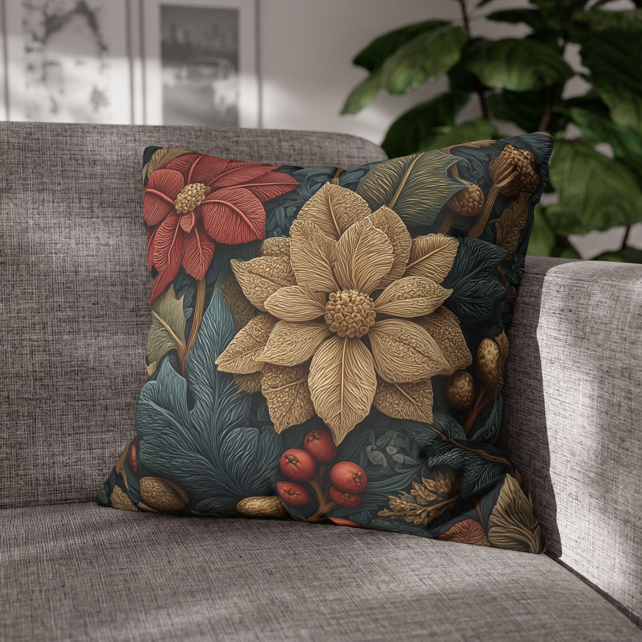 William Morris Christmas Pillow Cover: Wine and Taupe Poinsettia Woodland Illustration Euro Sizes