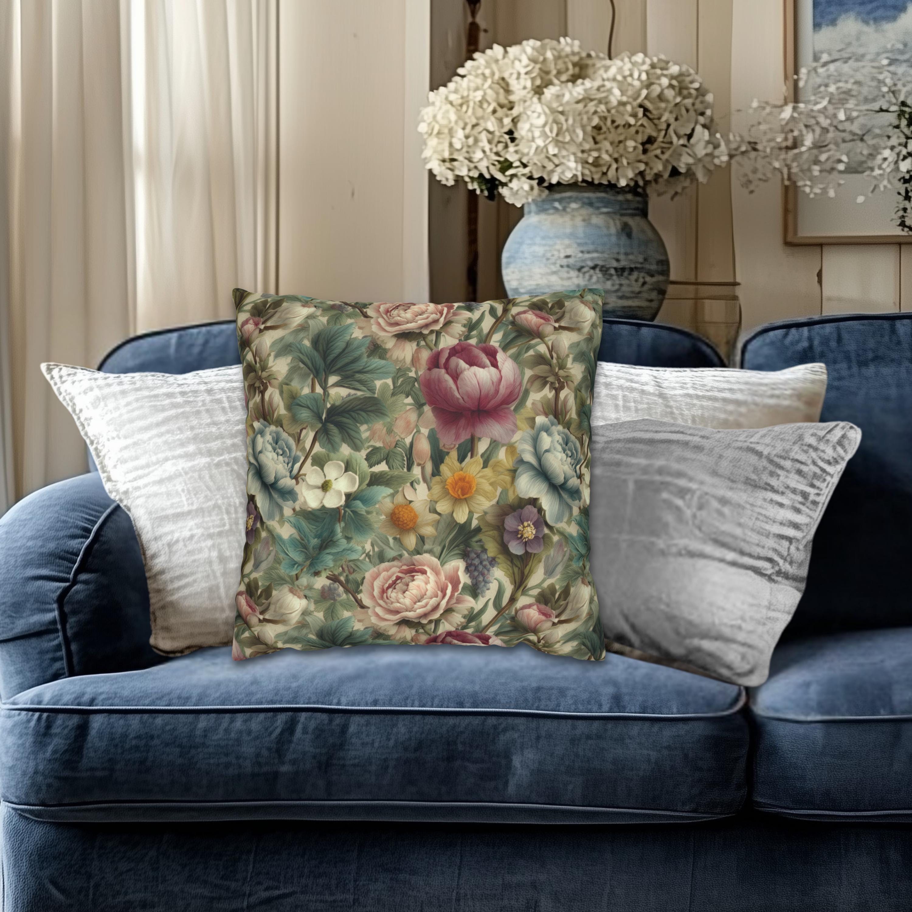 Spring Pastel Watercolor Pillow Cover: Romantic Floral Garden Pink, Blue and Sage