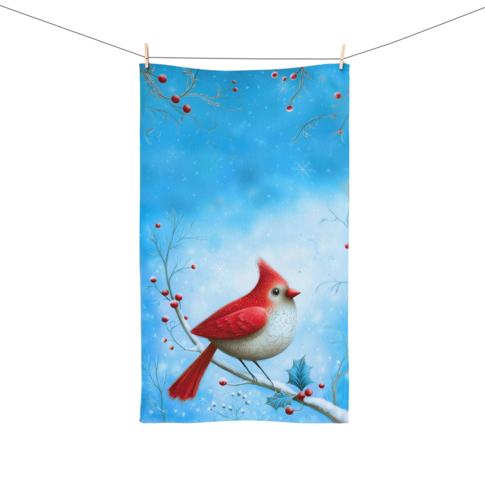 Winter Cardinal Bird Hand Towel: Frosty Blue Holiday Tea Towel