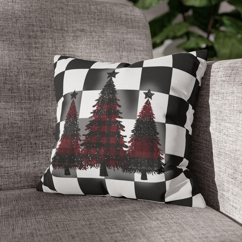 Buffalo Check Christmas Pillow Cover - Red, Black, White Plaid Trees