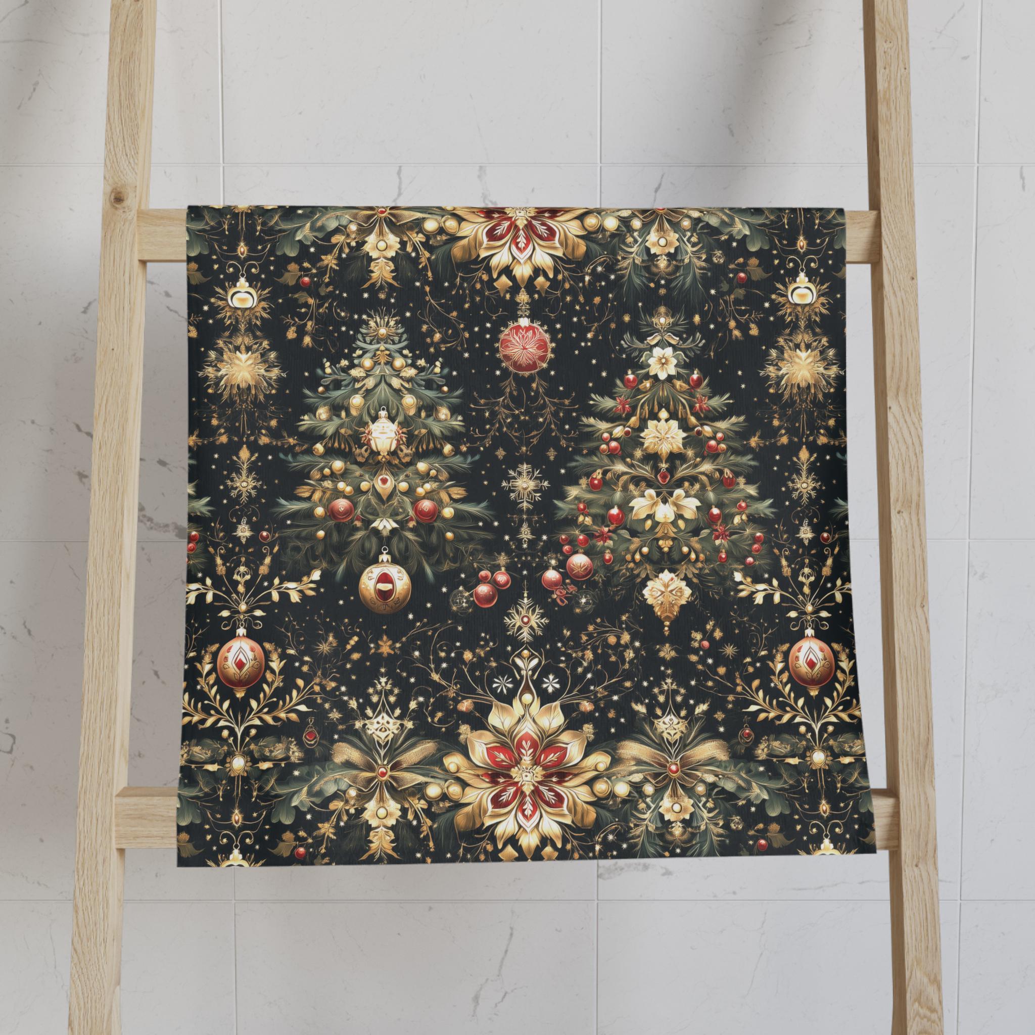 Christmas Tree Hand Towel: Luxe Gold Red & Green on Deep Charcoal Holiday Bath Decor