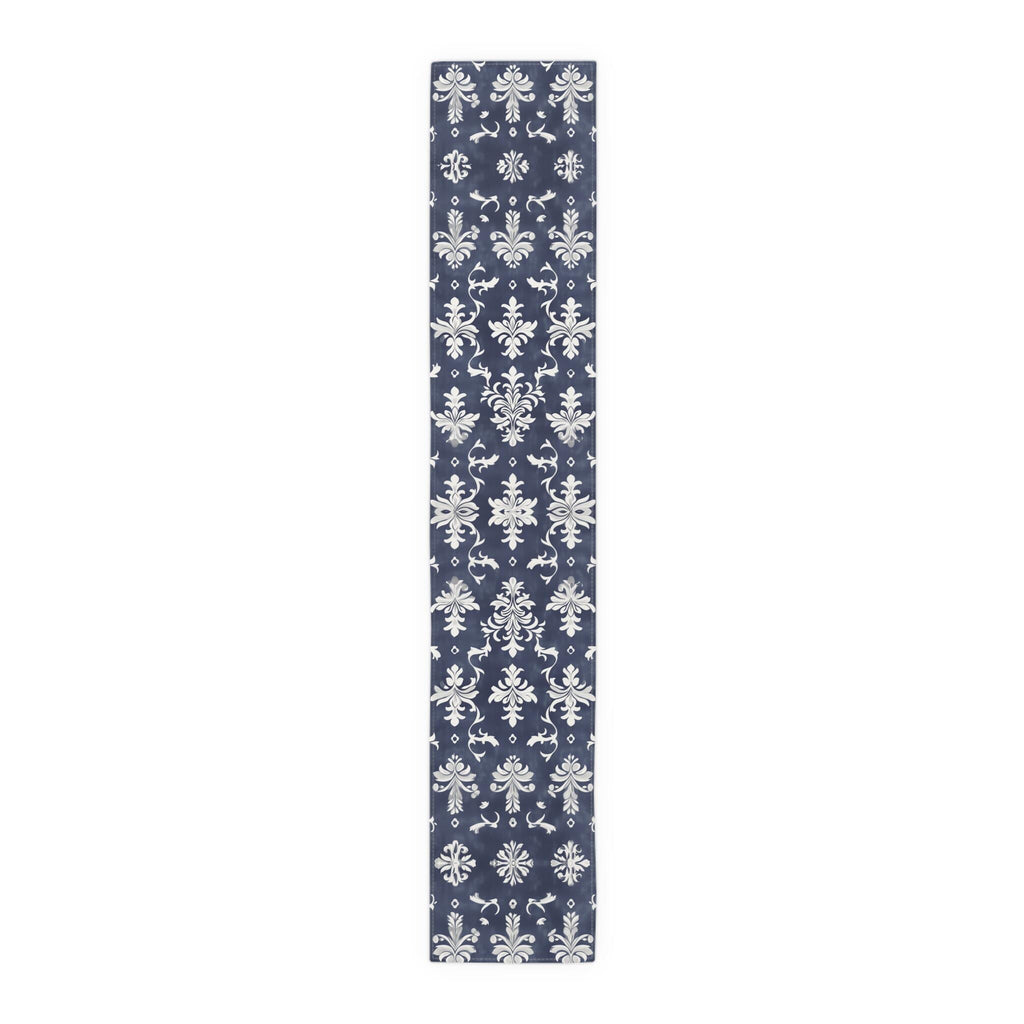 Elegant Navy Blue & White Damask Table Runner for Wedding, Dining Room, and Home Decor