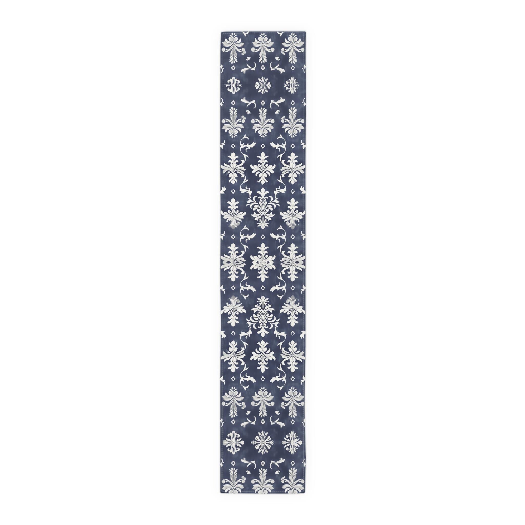 Elegant Navy Blue & White Damask Table Runner for Wedding, Dining Room, and Home Decor