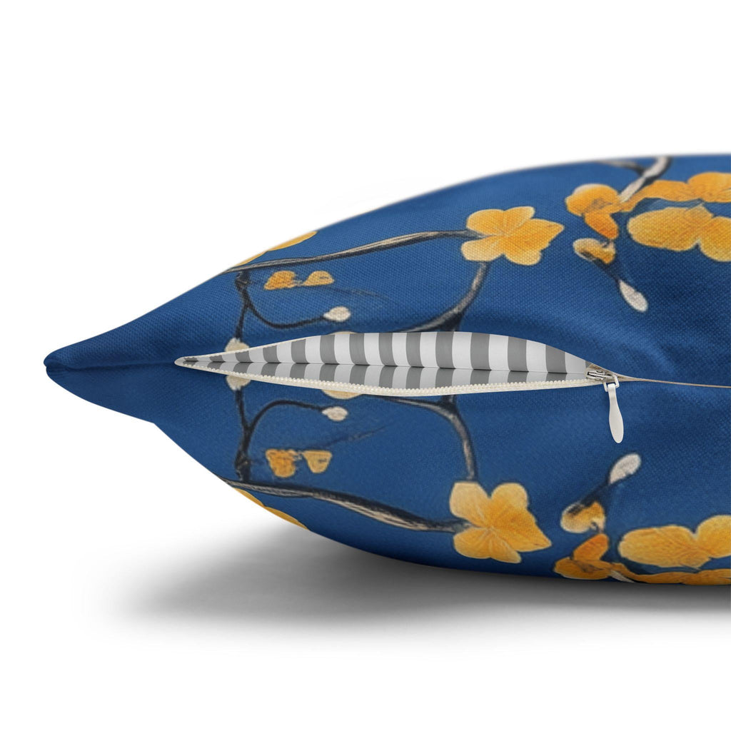 Royal Blue Chinoiserie Pillow Cover: Elegant Asian-Inspired Cushion with Yellow Blossoms and Birds
