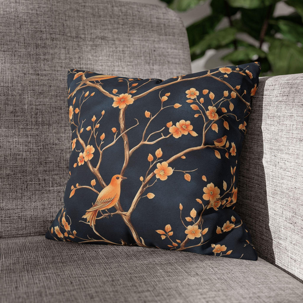 Chinoiserie Bird Throw Pillow Cover: Peach & Chestnut Floral, Navy Blue