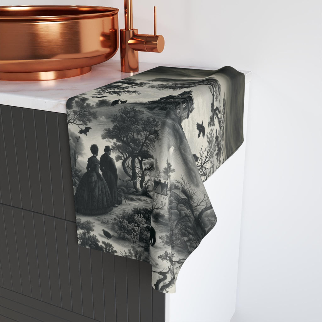 Halloween Toile Hand Towel: Haunted House, Crows and Black Cat in Monochrome