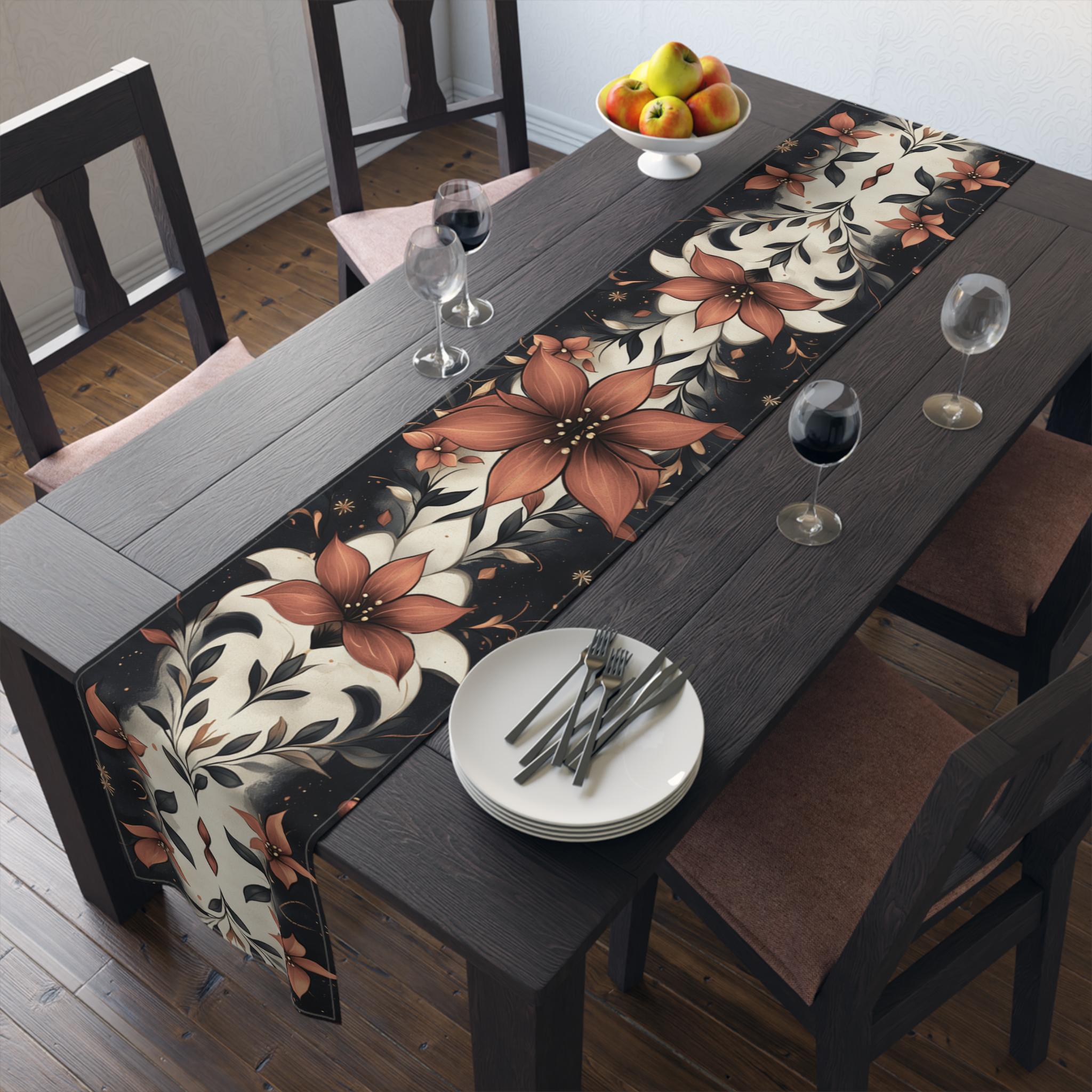 Fleur de Lis Poinsettia Table Runner: Festive Red & Navy Winter Decor